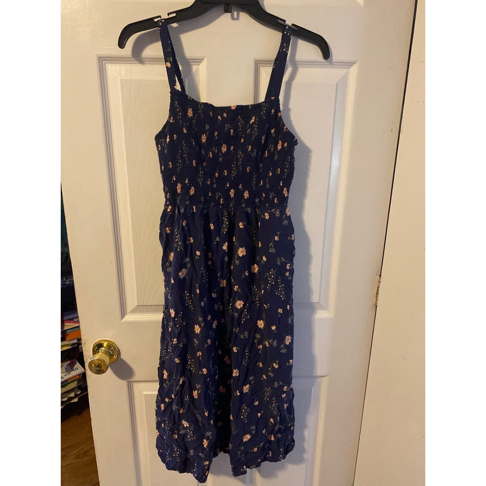 Old Navy Navy Blue Floral Smocked Midi Dress with Pockets Womens Medium